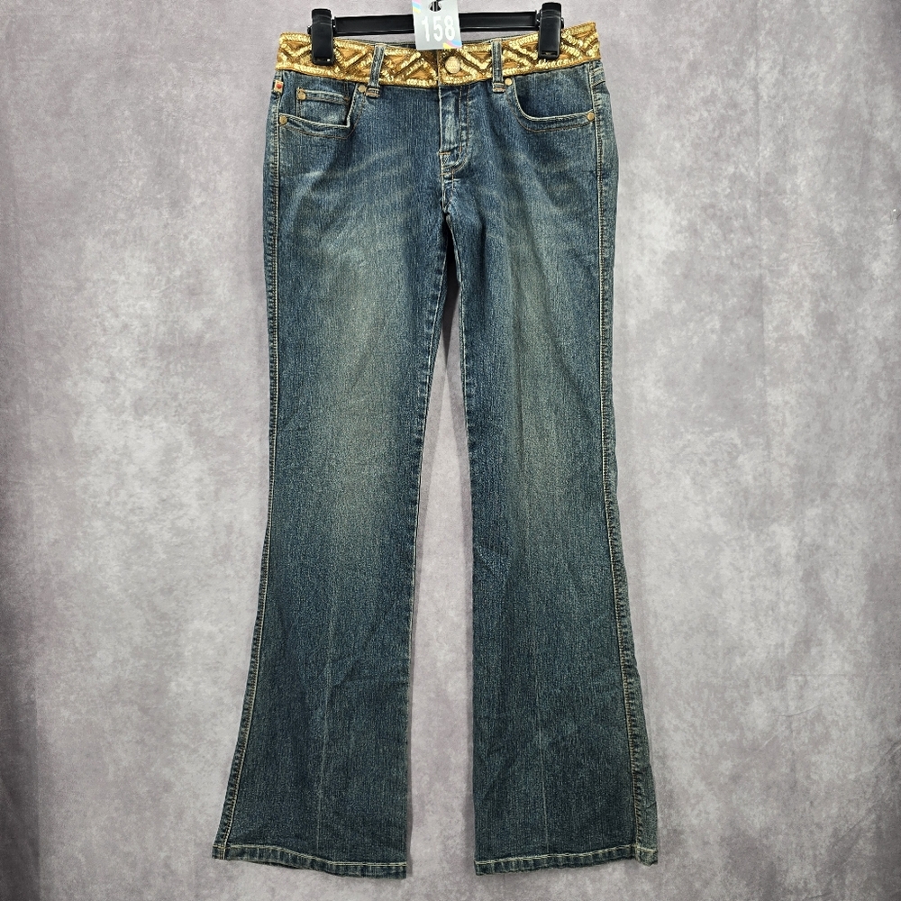 XOXO‎ Blue Straight Bootcut Flare Gold Sequin Denim Jeans Pants 7/8